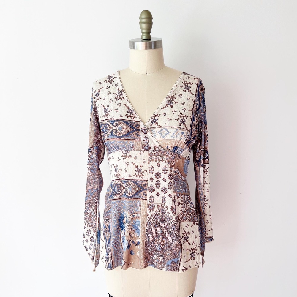 The Great American Sportswear Co‎ Top Blue Tan Paisley Patchwork Bell Sleeve S